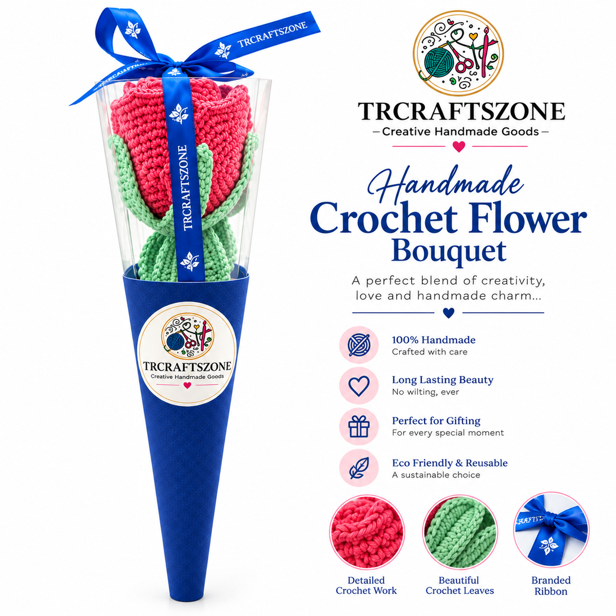 🌸 Handcrafted Crochet Flower Bouquet – Premium Handmade Gift