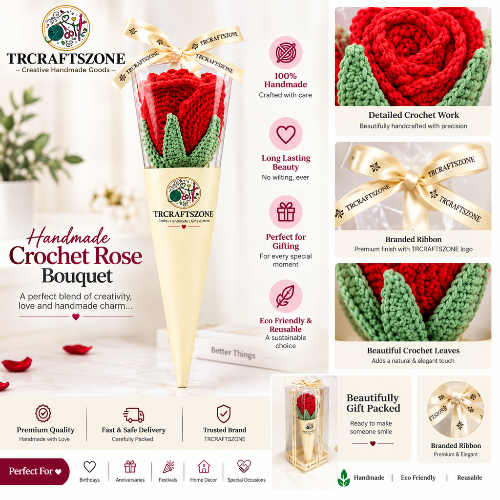 🌸 Handcrafted Crochet Flower Bouquet – Premium Handmade Gift