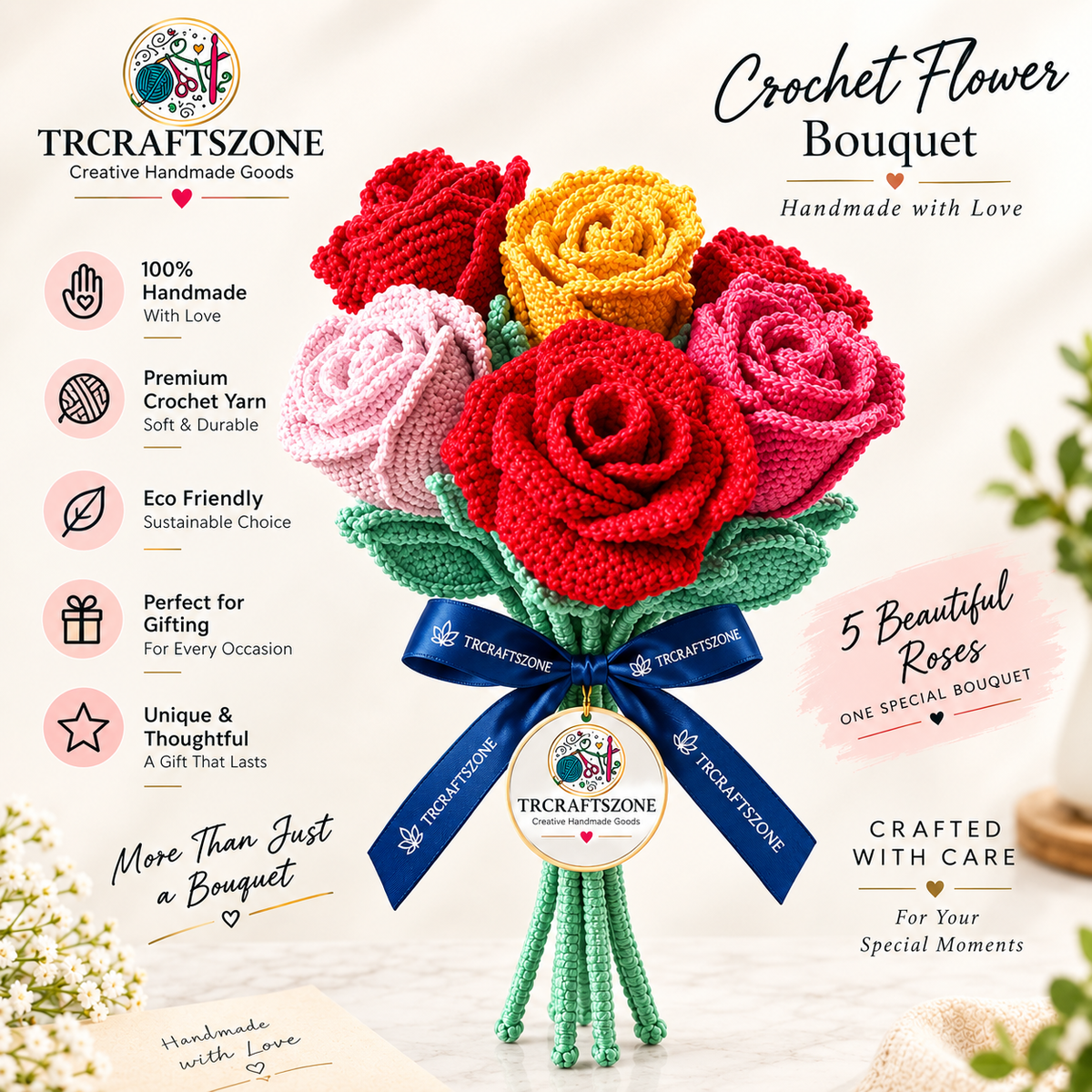 🌸 Handcrafted Crochet Flower Bouquet – Premium Handmade Gift