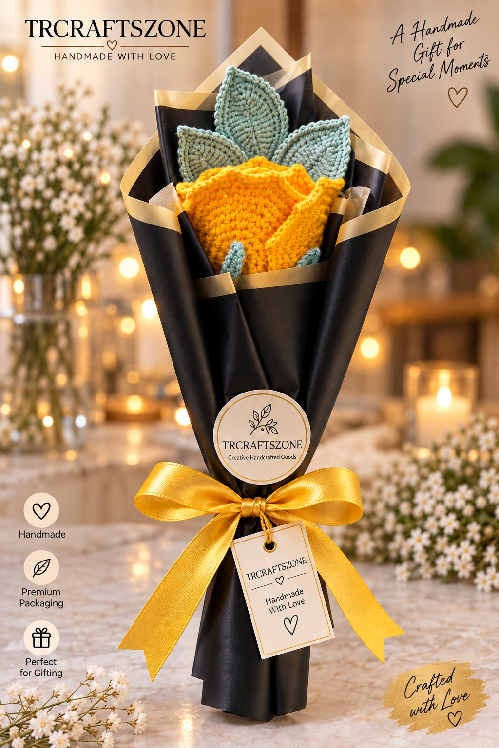 🌸 Handcrafted Crochet Flower Bouquet – Premium Handmade Gift